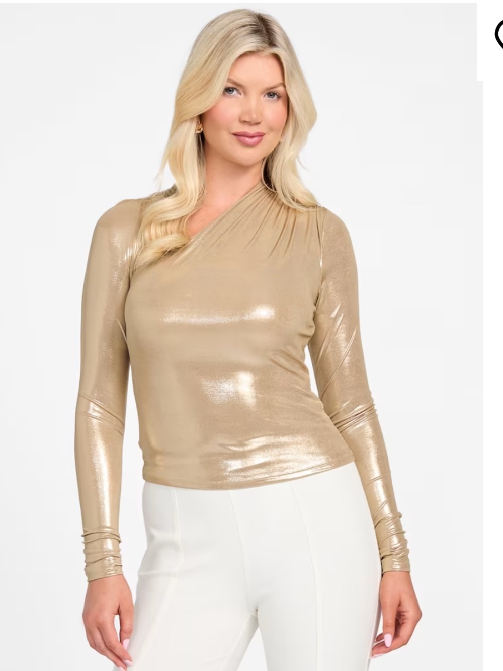 Marciano Shimmer One-Shoulder Long-Sleeve Party Top in Gold - Size L